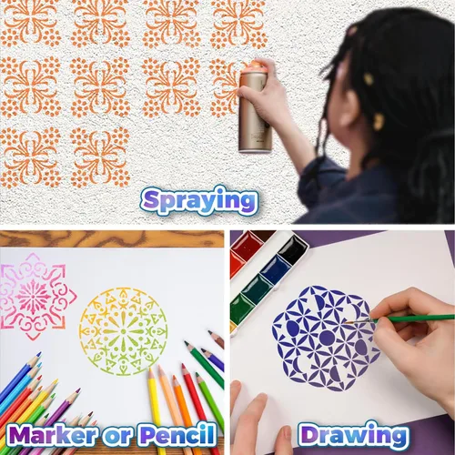 Miniatura 8 de 20 piezas de plantillas de mandala de 4x4'' para pintar en madera, piso, pared, azulejos, tela, plantillas de muebles reutilizables, plantilla
