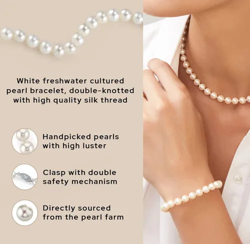Miniatura 5 de The Pearl Source Pulsera de perlas blancas de agua dulce para mujer, pulsera de perlas cultivadas con cierre chapado en oro de 14 quilates