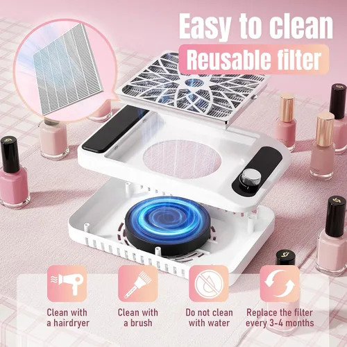 Miniatura 5 de Aspirador colector de polvo de uñas para técnicos de uñas – Potente succión, ventilador silencioso de 3 velocidades, filtro HEPA reutilizable
