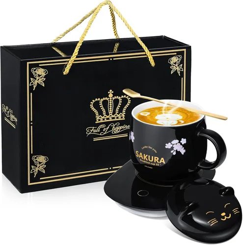 Honeydak Juego de tazas de café, calentador de tazas de gato lindo para mujeres, calentadores de café con calefacción para mamá, oficina en casa,