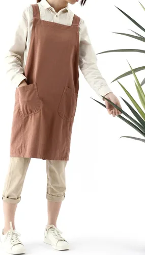 Miniatura 7 de Delantal de lino y algodón suave para mujer, delantal cruzado sin ataduras con bolsillos, ideal para floristería y cocina Rojo vino