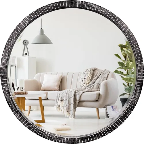 Espejo redondo de madera de 35 pulgadas, espejo de pared circular rústico con biselado, espejos redondos de madera para decoración de pared, espejos