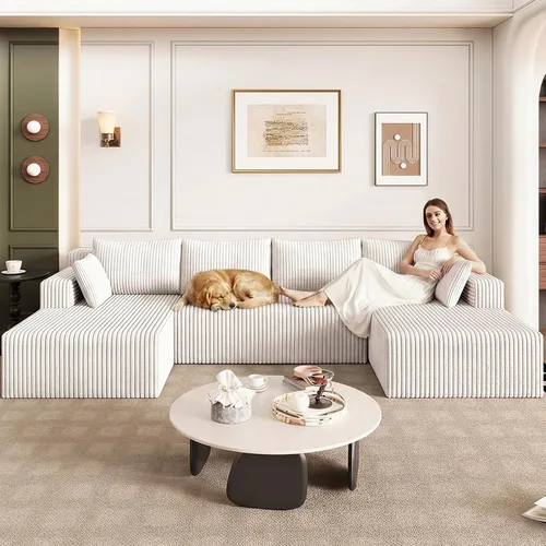 Miniatura 54 de Sofá modular de 95 pulgadas con otomana, moderno sofá nube de pana con asiento profundo, sofá sin hueso tapizado de 3 plazas en forma de U para sala