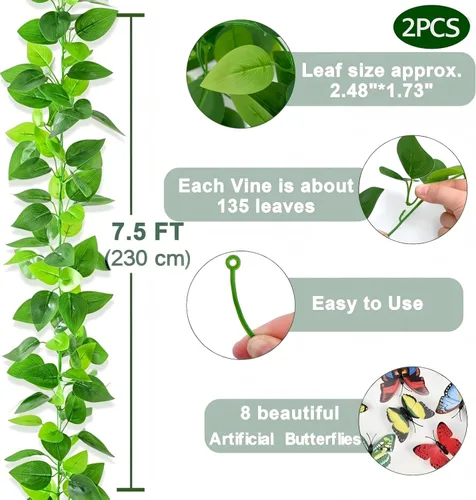 Miniatura 2 de BLEUM CADE 2Pcs Fake Vines with Faux Pothos Leaves, Artificial Ivy Garland Fake Plants Greenery for Bedroom Living Room Office Wall Garden Wedding