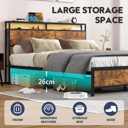 Miniatura 6 de Base de cama Queen con luces LED, cabecera de almacenamiento industrial con estación de carga y puerto USB, marco de cama industrial moderno