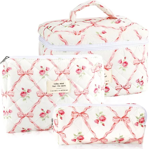 Miniatura 14 de URSKYTOUS Juego de 3 Bolsas de Maquillaje Acolchadas, Set de Bolsas de Cosméticos con Lazo para Viaje, Bolsa Grande de Maquillaje para Mujeres