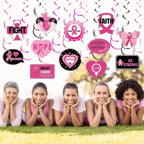 Miniatura 4 de 24 piezas colgantes de conciencia sobre el cáncer de mama, decoración de techo para fiesta de cáncer de mama, cinta rosa, fortaleza, coraje