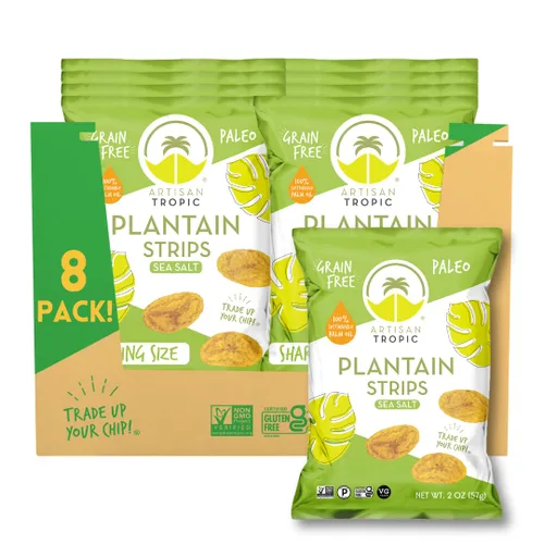 ARTISAN TROPIC Tiras de plátano con sal marina, paquete de 8, 2 onzas, vegano, paleo y sin gluten, bolsas individuales, aperitivos saludables para