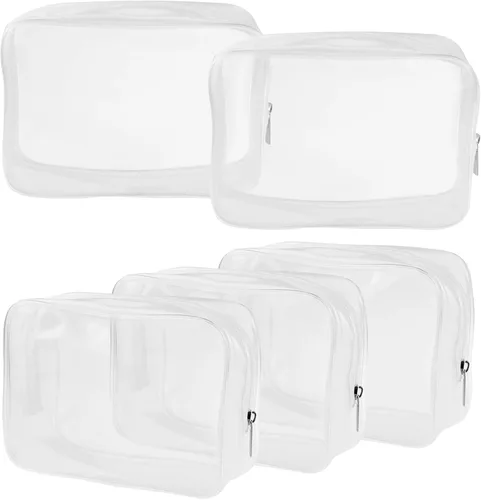 Miniatura 6 de Wobe Paquete de 5 bolsas de cosméticos transparentes aprobadas por la TSA, bolsa de transporte de artículos de tocador con cremallera de PVC, bolsa