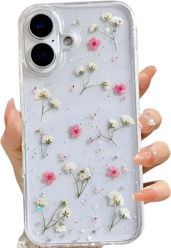 Miniatura 33 de LSEEKA Funda transparente para iPhone 13 Mini/iPhone 12 Mini con diseño de flores reales prensadas, con purpurina, bonito patrón floral blanco, Oro