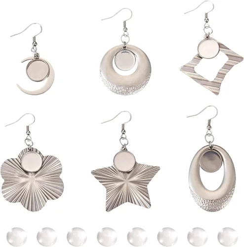 Miniatura 23 de FASHEWELRY 54Pcs Bandejas de bisel para pendientes de acero inoxidable en blanco Geometría rombos lágrima con cabujones de vidrio redondo de 12 mm