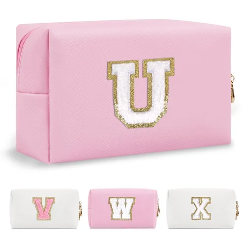 Miniatura 316 de Pequeña bolsa de maquillaje personalizada con inicial A-Z Preppy Patch, bolsa de cosméticos de viaje de felpilla blanca con cremallera, bonita bolsa