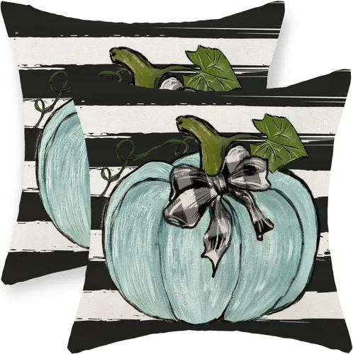 Miniatura 12 de Juego de 2 fundas de almohada de otoño de 16 x 16 pulgadas, diseño de calabaza azul y naranja, decoración de Acción de Gracias, decoración de otoño