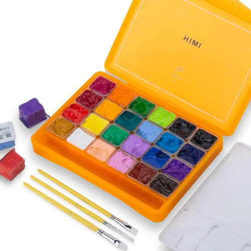HIMI - Juego de pintura gouache de 24 colores de 1 onza líquida (30 ml) cada uno, diseño exclusivo de envase de gelatina con 3 pinceles de pintura