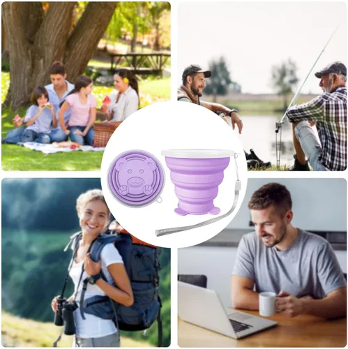 Miniatura 3 de Taza plegable – Pequeño vaso plegable de silicona – Taza plegable extensible – Taza portátil reutilizable para viajes, camping, senderismo, Púrpura