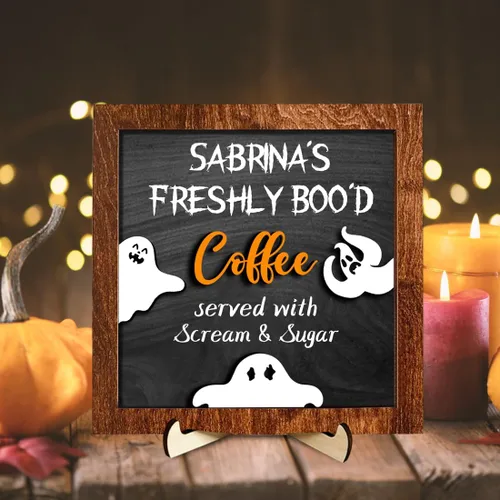 Miniatura 3 de Letrero personalizado de Freshly Boo D Coffee para Halloween, lindo letrero de madera de fantasma, letrero de boo, letrero divertido de Halloween