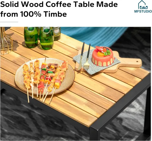 Miniatura 5 de MFSTUDIO Juego de 4 muebles de patio al aire libre, sofá pequeño de ratán marrón con mesa y sillas de madera de acacia, juego de muebles de sofá