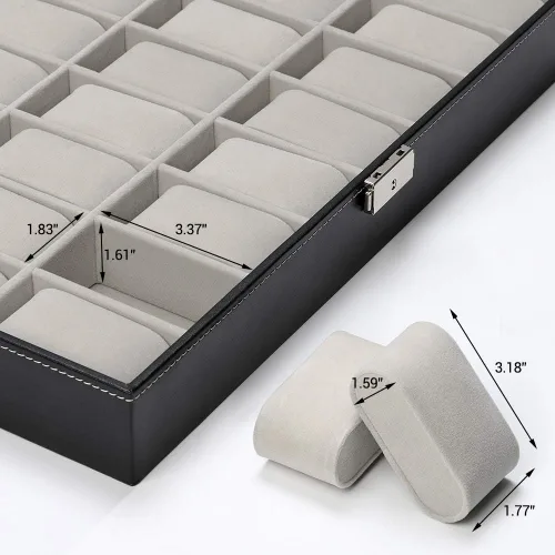 Miniatura 4 de JS NOVA JUNS Caja de reloj, 24 ranuras para hombre, organizador de relojes con cerradura y tapa acrílica grande, piel sintética negra