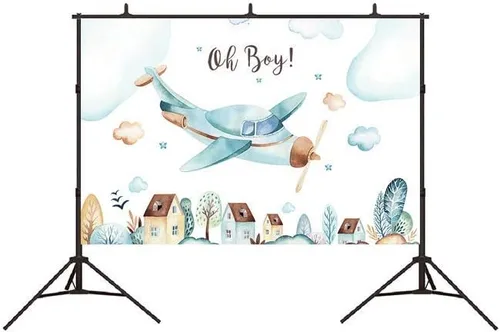 Miniatura 2 de Telón de fondo de baby shower con texto en inglés "Oh Boy", decoración de fiesta de cumpleaños para niños, fondo de avión, para recién nacidos