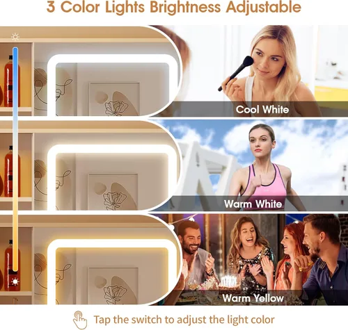Miniatura 5 de Vabches Tocador de Maquillaje Pequeño de 24.4 pulgadas con Espejo y Luces, 3 Modos de Iluminación Ajustables, Juego de Tocador Compacto Blanco