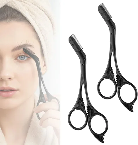 Miniatura 9 de Tijeras de corte de cejas con peine, tijeras de cejas 2 en 1 para mujeres, cortador de cejas de precisión de acero inoxidable, herramienta de Negro