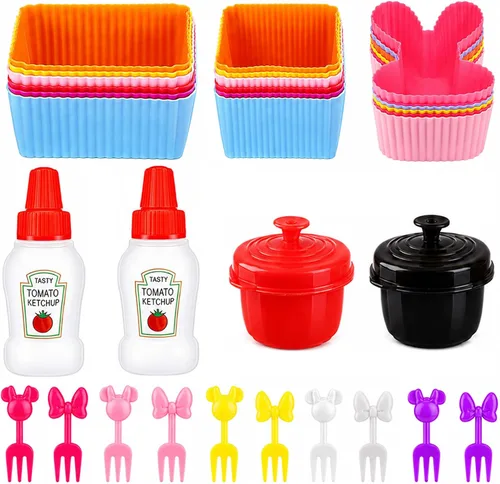 Juego de 32 piezas de accesorios de caja Bento, divisores de silicona para lonchera, mini botella de ketchup, contenedor de aderezo para ensaladas y