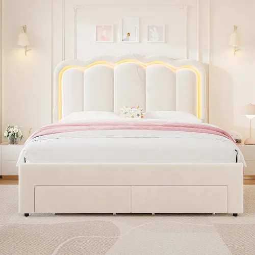 Miniatura 8 de Base de cama LED tapizada tamaño Queen con 2 cajones de almacenamiento y cabecera doble ondulada ajustable, cama de plataforma de princesa de Beige