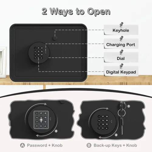 Miniatura 5 de Caja Fuerte Mini para Niños Caja de Dinero Pequeña – GoldenKey Negro Macarrón 7"x9.4"x6.3" Caja Fuerte de Seguridad de Dinero con Ranura