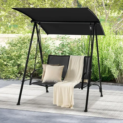 Miniatura 2 de HAPPYGRILL Columpio para exteriores para 2 personas con toldo, silla de columpio para porche de patio con marco de metal resistente, tela de asiento
