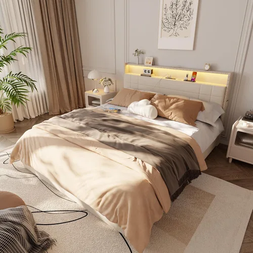 Miniatura 3 de Forestell Base de cama Queen con 4 cajones y cabecera de almacenamiento, base de cama tapizada tamaño Queen con luces LED y estación de carga, Beige