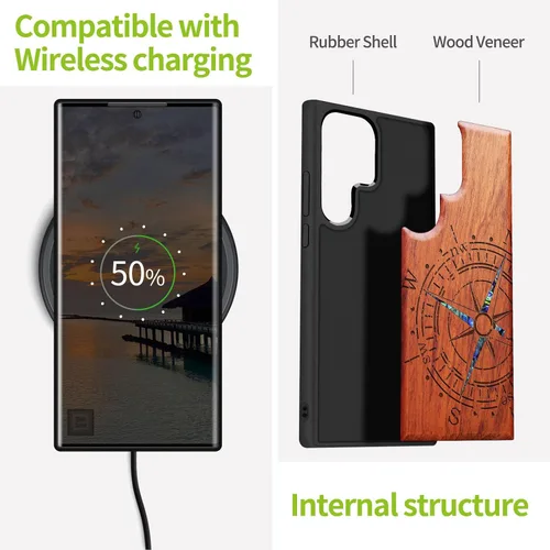 Miniatura 4 de Carveit Funda de madera de diseñador para Samsung Galaxy S22 Ultra [grabado de madera e incrustaciones de carcasa] Diseño único de madera anticaídas
