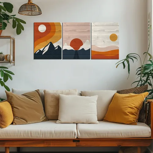 Miniatura 2 de Pintura solar para pared, diseño de líneas bohemias, montañas, decoración de pared de mediados de siglo, juego de 3 lienzos impresos en lienzo