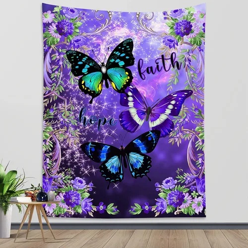 Miniatura 17 de LB Tapiz pequeño de mariposa colorido para colgar en la pared, diseño psicodélico de flores silvestres 3D, mariposas de fantasía floral, arte