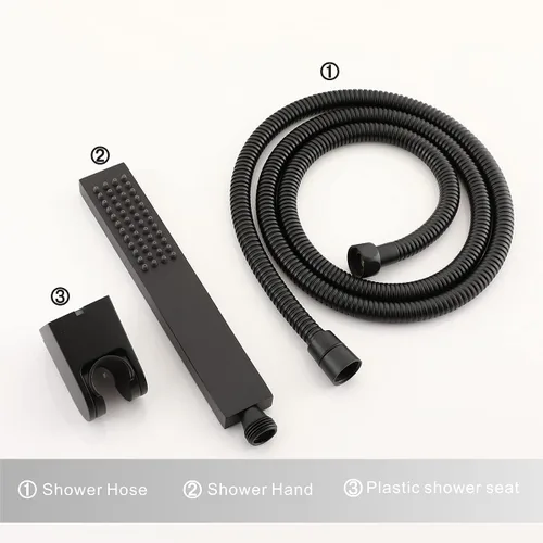 Miniatura 6 de Asyas Cabezal rociador de ducha de mano cuadrado de latón macizo con conector de pared ajustable, soporte de ducha y manguera, negro mate de alta