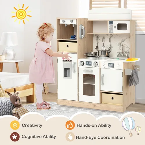 Miniatura 9 de KOTEK Juego de cocina con luces y sonidos, juego de cocina de madera para niños pequeños con máquina de hielo, cafetera, 19 accesorios y microondas