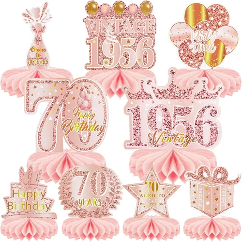Miniatura 20 de 9 piezas de decoración de cumpleaños 70 para hombres y mujeres, centros de mesa de nido de abeja de feliz cumpleaños 70, decoración de mesa de 70