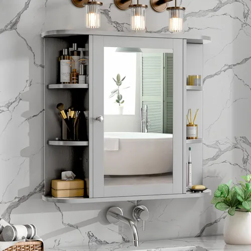 Miniatura 6 de Armario de espejo de baño montado en la pared, botiquín con espejo y 6 estantes abiertos, gabinetes de pared de baño modernos para medicamentos, gris
