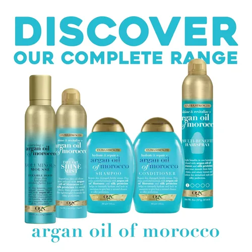 Miniatura 5 de OGX Acondicionador extra fuerte para hidratar y reparar + aceite de argán de Marruecos para cabello seco y dañado, aceite de argán prensado en frío