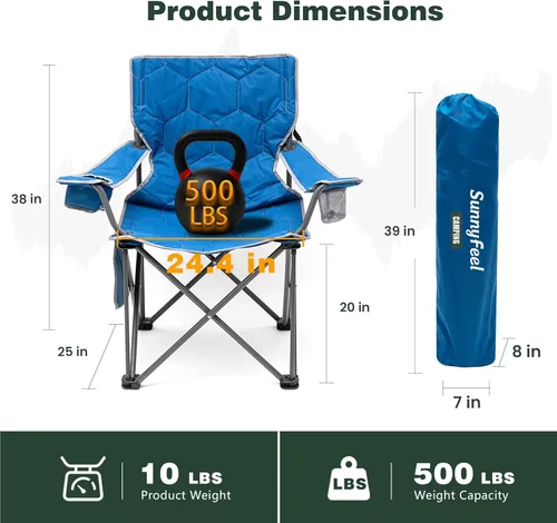 Miniatura 2 de SUNNYFEEL Silla de Camping Plegable de Gran Tamaño 500 LBS Resistente, Sillas de Jardín con Azul Portátil Plegable con Reposabrazos, Portavasos