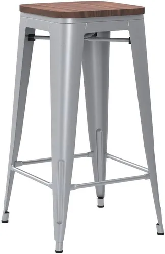 Miniatura 5 de Juego de 4 taburetes de bar de metal sin espalda de 24 pulgadas, apilables, industriales, para taburetes de isla de cocina, con asiento de madera