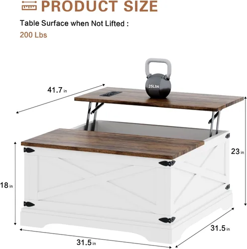 Miniatura 2 de BROTTAR - Mesa de centro con superficie elevable y almacenamiento, mesa cuadrada para sala de estar con puertos de carga, mesa de comedor