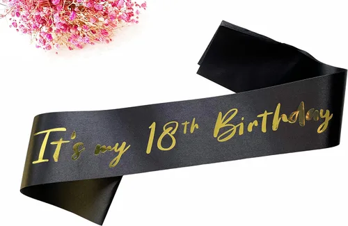 Miniatura 6 de Banda de cumpleaños número 18, bandas suaves de satén negro con letras de papel de aluminio dorado, decoración de banda de 18 años, regalos