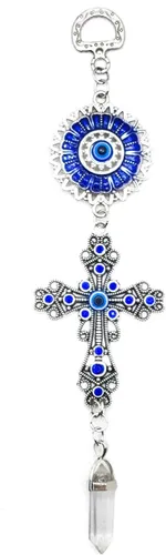 Miniatura 17 de LUCKBOOSTIUM Amuleto de cruz con incrustaciones de cristal azul y mandala azul de ojo malvado con piedra curativa colgante, dijes de naturaleza