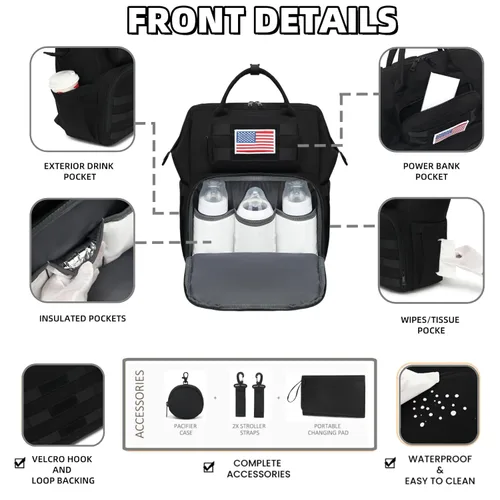 Miniatura 5 de ROSEGIN Mochila para pañales para papá y hombres, bolsa grande de viaje para bebé con cambiador, funda para chupete, parche de bandera extraíble
