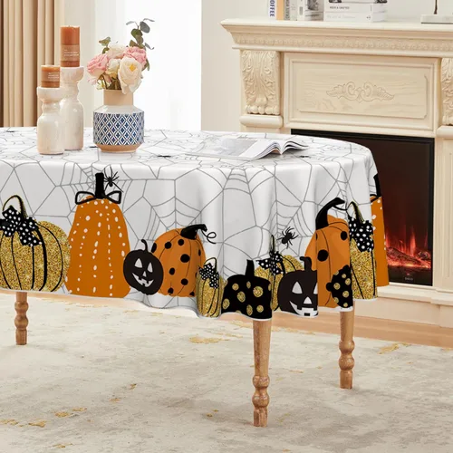Miniatura 11 de Horaldaily Mantel rectangular de Halloween de 52 x 70 pulgadas, diseño de telaraña de calabaza con temática de miedo, color negro, lavable