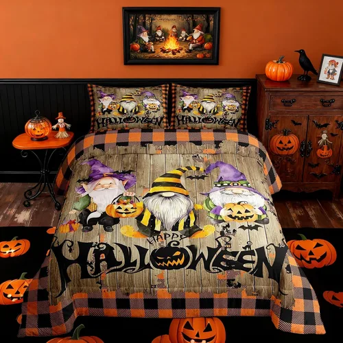 Miniatura 18 de Lindo juego de edredón de murciélago tamaño Queen con diseño de animales de Feliz Halloween, 3 piezas para decoración de habitación de niños