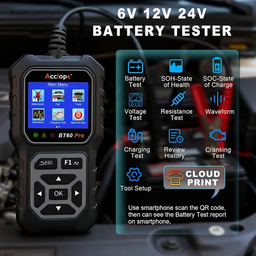 Miniatura 5 de BT60 Pro Probador de Batería de Coche, Analizador Digital con Impresión en la Nube, Verificador de Batería de 6V/12V/24V para AGM, Litio