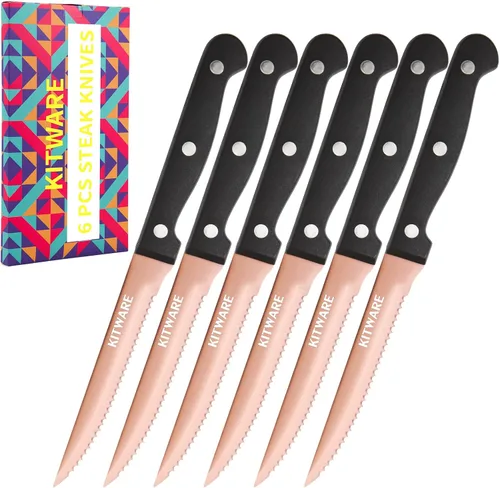 Miniatura 7 de Juego de 6 cuchillos negros para carne, juegos de carne afilados y dentados con caja de regalo, cubertería de mesa de acero inoxidable de 4.5