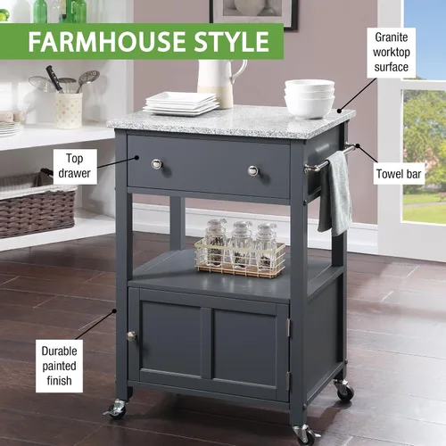 Miniatura 5 de OSP Home Furnishings Fairfax Farmhouse - Carrito de cocina con parte superior de granito, armario de almacenamiento rodante con toallero, estante