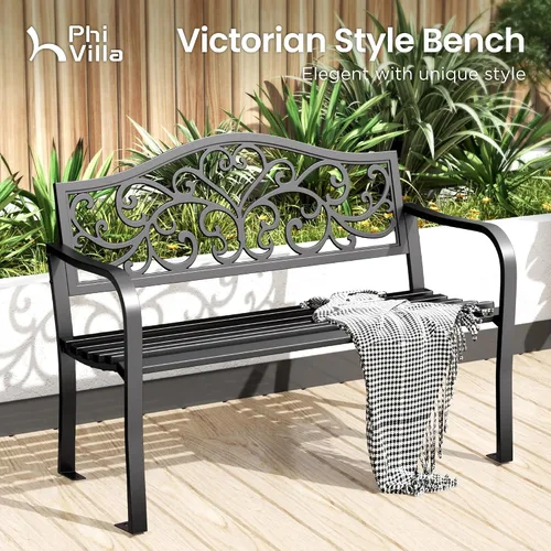 Miniatura 3 de PHI VILLA Banco de jardín al aire libre con marco de acero fundido de 43 pulgadas, muebles de patio con respaldo de diseño floral, asiento
